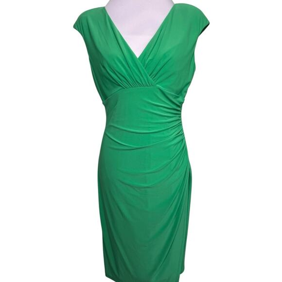 Lauren Ralph Lauren Green Cap Sleeve Ruched V Neck Dress Size 10 - Picture 1 of 9